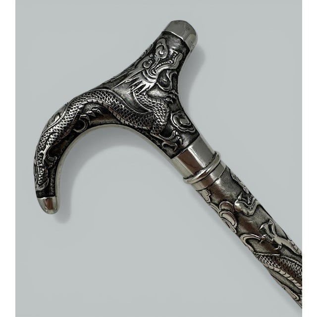 Antique Chinese Sterling Silver Qing Lady’s Walking Swagger Stick Cane 2 Dragons For Sale - Image 4 of 8