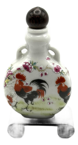 Painted Porcelain Snuff Bottle in the Shape of a Moon Flask and Painted With Roosters