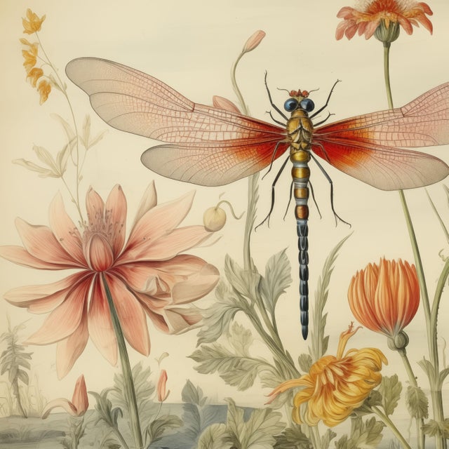 'Dragonfly and Flowers' # 10 - Original Botanical Fine Art Print. Print size (in): 20 x 20 (additional white borders...