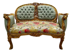 1990s French Sofa Hand-Carved Sky Blue With Gold Leaf Details