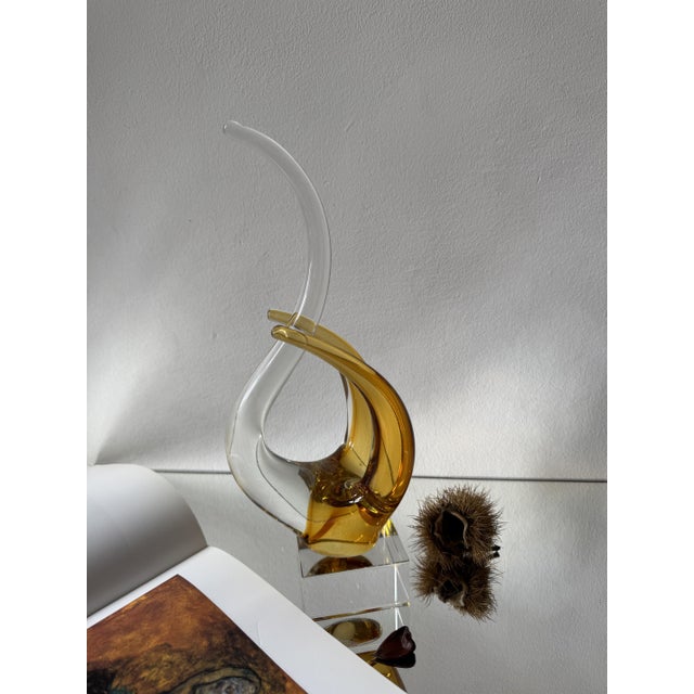 Mid-Century Modern Italian Amber and Clear Murano Glass Swan Sculpture on Base, 1960s For Sale - Image 9 of 16