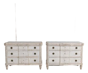 Pair of 19th C. Swedish Gustavian Breakfront Commodes in Original Soft Gray Paint