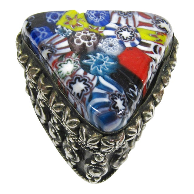 Vintage Murano Style Millefiori Art Glass Silver Metal Triangle Box For Sale