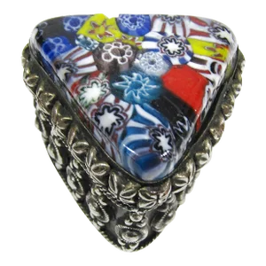 Vintage Murano Style Millefiori Art Glass Silver Metal Triangle Box