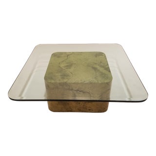 Karl Springer Style Green Parchment and Glass Coffee Table For Sale