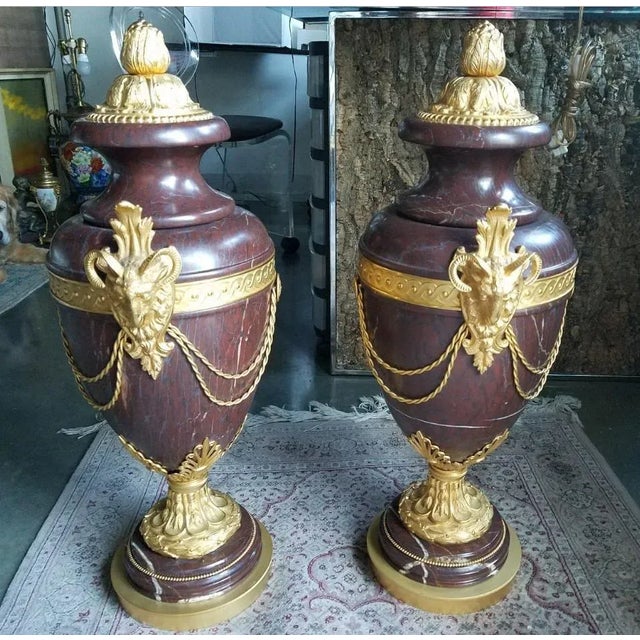 The School of Paris 20th Century French Rouge Marble Bronze Ormolu Urns - a Pair For Sale - Image 3 of 13