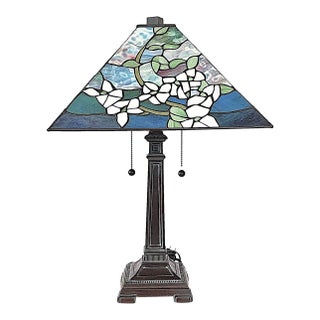 2003 Tiffany-Style Floral Stained Glass Pyramid Table Lamp For Sale