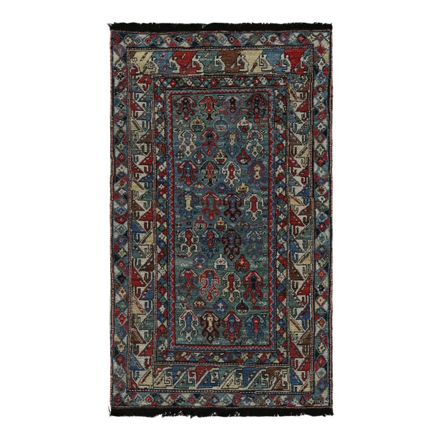 Rug & Kilim’s Tribal Style Rug in Green, Blue & Red Geometric Patterns For Sale