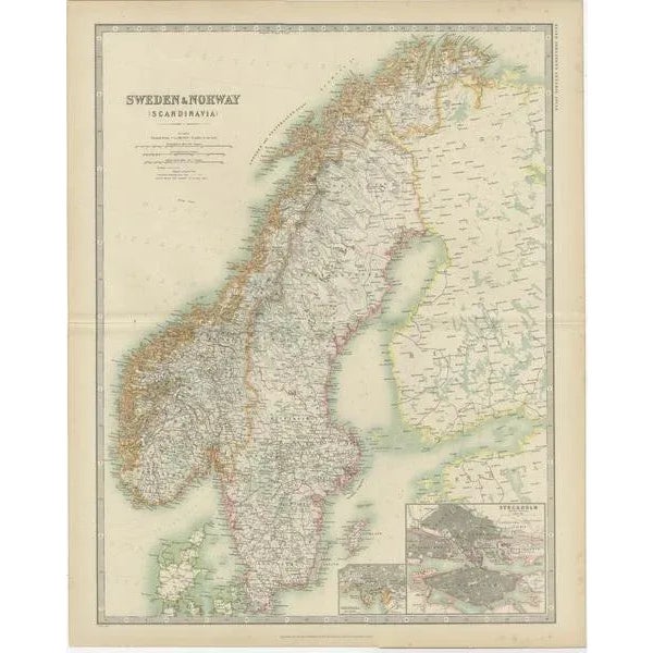 Antique map titled 'Sweden and Norway'. Original antique map of Sweden and Norway. with inset maps of Christiania and...