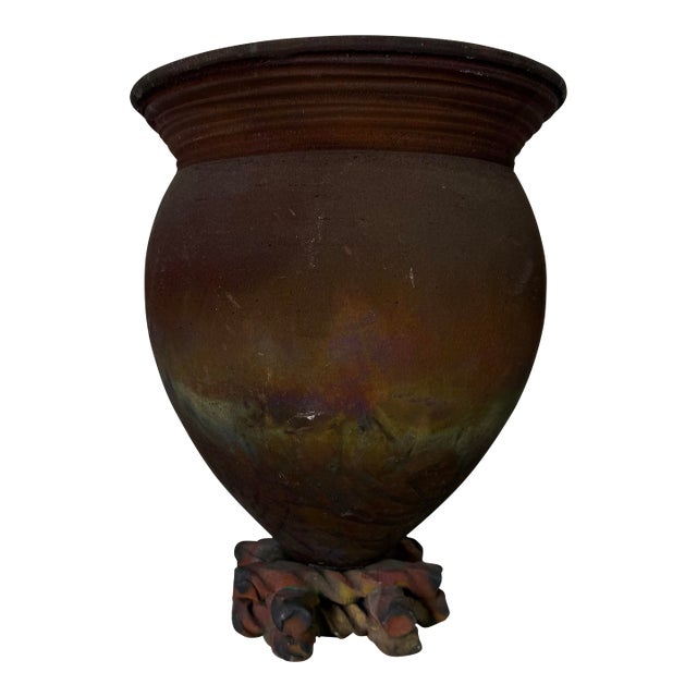 1980s Vintage Raku Studio Pottery Vase With Sculptural Footed Base – Unsigned For Sale