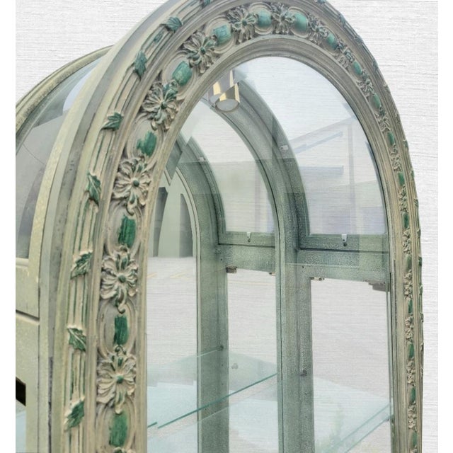Light Green Rare Massive Vintage Serge Roche Carved Arched Glass 5 Shelf Palm Beach Regency Etagere China Cabinet For Sale - Image 8 of 14