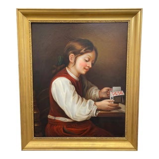 Traditional British Victorian Oil Painting Girl Playing House of Cards For Sale