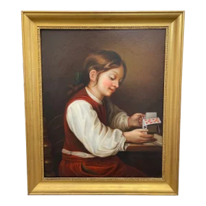 Traditional British Victorian Oil Painting Girl Playing House of Cards