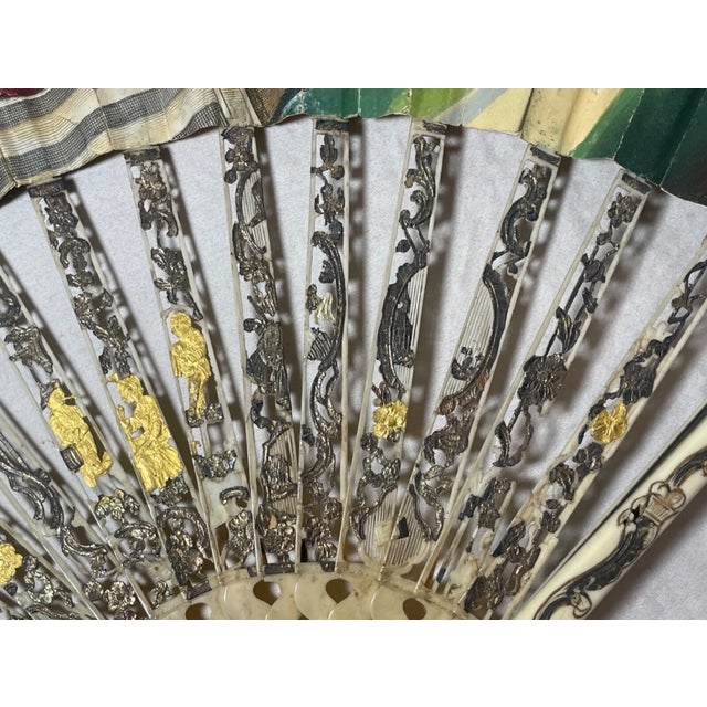 Antique 19th Century French Hand Painted Figural Sterling Gold Pocket Hand Fan For Sale In New York - Image 6 of 18