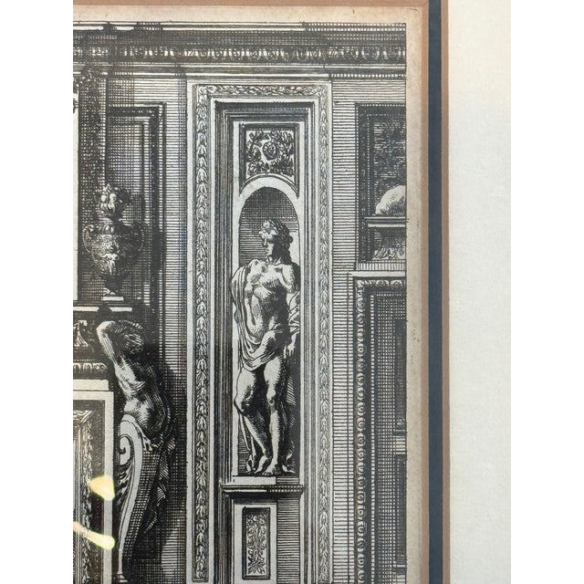 Gold 18th Century French Architectural Interior Engraving of Ornate Fireplace, Gilt Frame For Sale - Image 8 of 9
