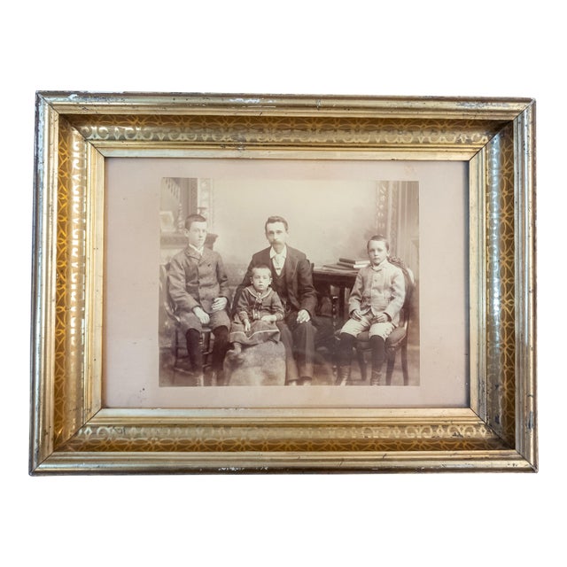19th Century American Victorian Stenciled Lemon Gold Frame With Family Photo For Sale