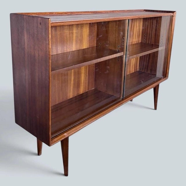 Mid-Century Walnut & Teak Sliding Glass Display Cabinet For Sale - Image 6 of 7