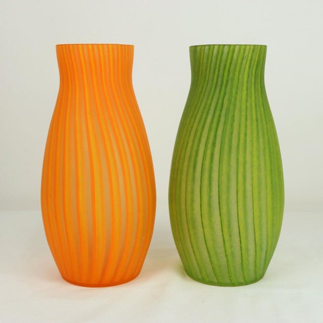 Vintage Striped Satin Glass Vases, Italy, 1970s, Set of 2 For Sale - Image 6 of 6