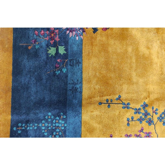 1920s Antique Chinese Floral Art Deco Wool Manchester Yellow Hand Knotted Rug For Sale - Image 4 of 9
