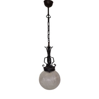 Rustic German Ceiling Lamp with Black Wrought Iron Frame and Clear Relief Glass Shade, 1970s For Sale