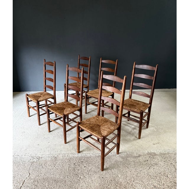 Rustic High Ladder Back Oak and Rush Dining Chairs, Belgium, 1950s, Set of 6 For Sale - Image 10 of 18
