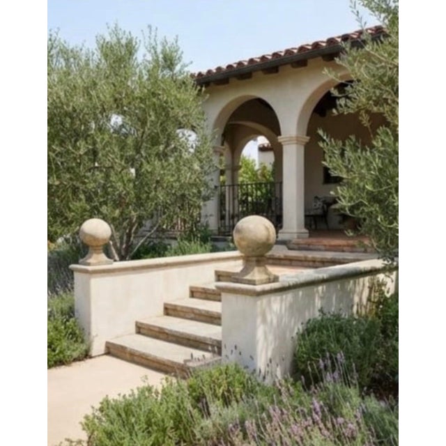 Pair of Vintage Neoclassical Cast Stone Sphere Garden Finials on Pedestal Bases For Sale - Image 10 of 12