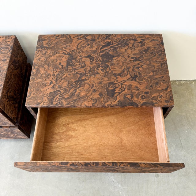 Pair of Vintage Mid Century Modern Burlwood Nightstands 1970s For Sale - Image 9 of 10