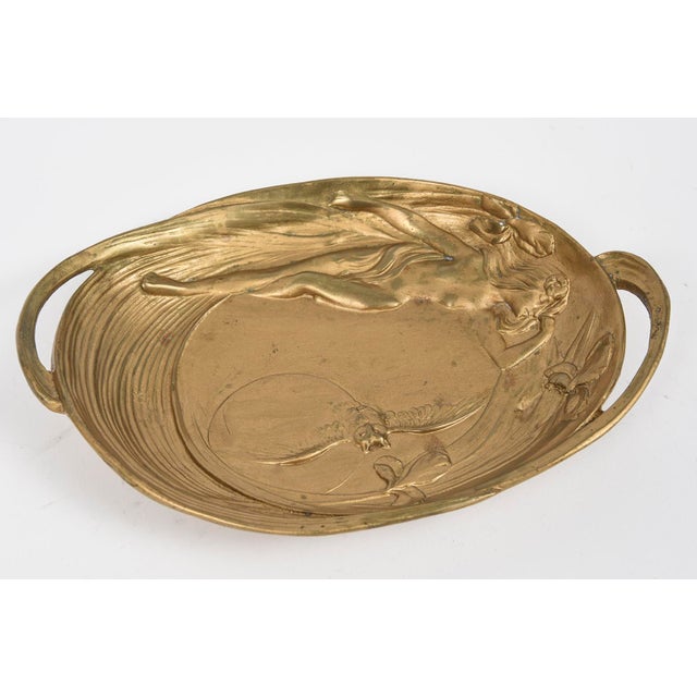 Metal Art Nouveau Figural Nude Woman With Owl and Moon Floral Tray For Sale - Image 7 of 10