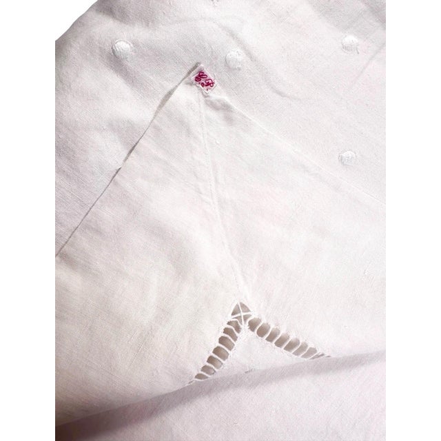 Antique French Trousseau Linen Sheet Embroidered Dots Ladder Work White Linen Bed Sheet Circa 1920 the Paris Apartment For Sale - Image 11 of 11