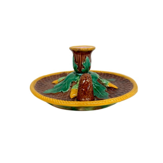 Victorian A George Jones Majolica Candlestick Stand With Acorns and Oak Leaves, Ca. 1870 For Sale - Image 3 of 11