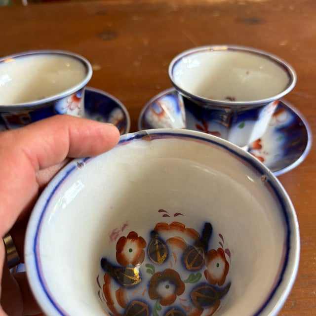 Antique Gaudy Welsh Crescent Pinwheel Flow Blue Cups & Saucers, Set of 5, Circa 1840s For Sale - Image 12 of 12