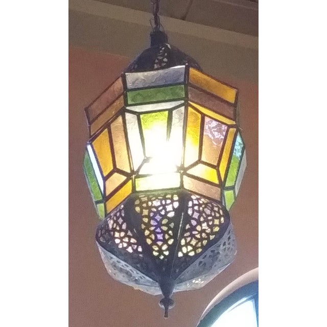 Spanish Revival Large Vintage Moroccan Moorish Lantern Pendant Light With Multi-Color Glass and Hand Cut Metal For Sale - Image 3 of 12