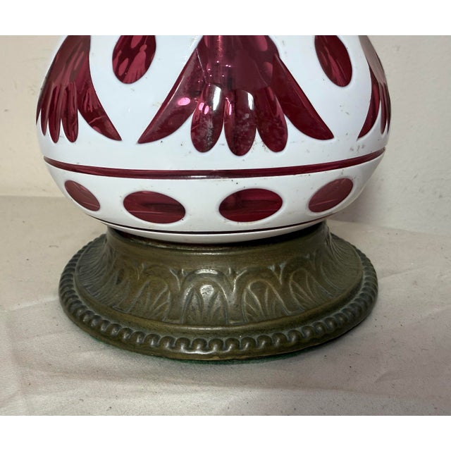 Antique 1800's Cut to Clear Cranberry Glass Stourbridge Bronze Oil Table Lamp For Sale - Image 12 of 14