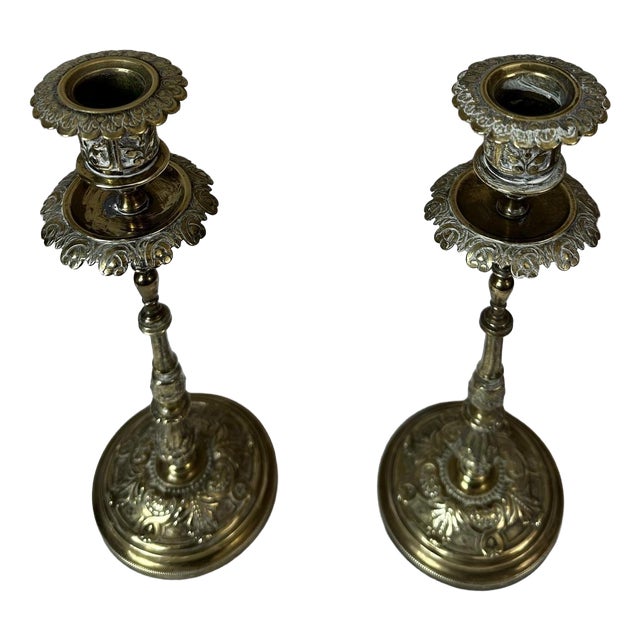 Gilt Brass Candlesticks, 1920s, Set of 2 For Sale