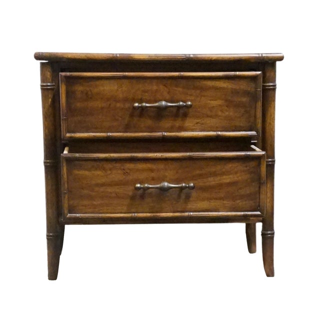 Late 20th Century National / Mount Airy Asian Chinoiserie Faux Bamboo 28" Fruitwood Two Drawer Nightstand For Sale - Image 5 of 13