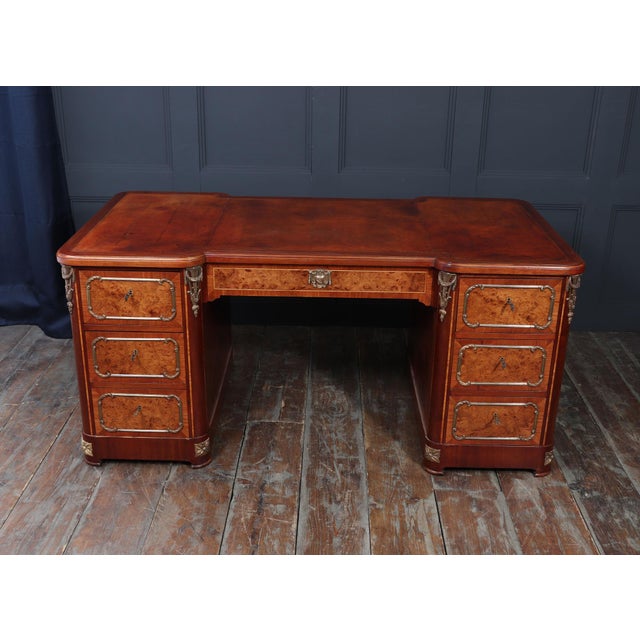 French Burr Walnut Pedestal Desk with Gilt Bronze Ormolu Mounts, 1880s For Sale - Image 9 of 18