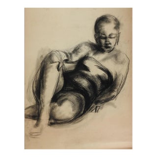 Vintage 1950s Charcoal Female Figure Study Drawing For Sale