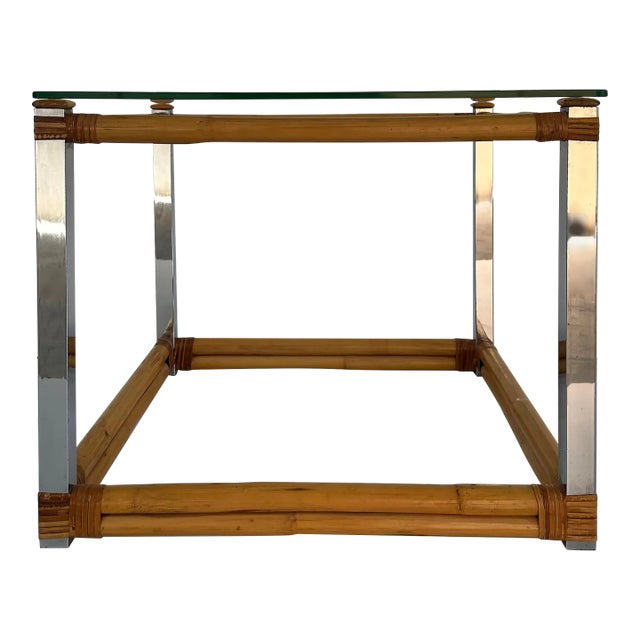 Vintage Coastal Chrome and Rattan Side Table With a Glass Top For Sale