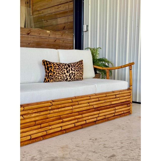 Mid-20th Century Monumental Restored Stacked Rattan Sofa With Custom Upholstery & Hidden Storage For Sale - Image 12 of 12