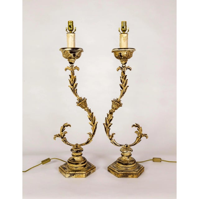 Metal 1970s Tall Curved Metal Foliate Lamps - Pair For Sale - Image 7 of 12