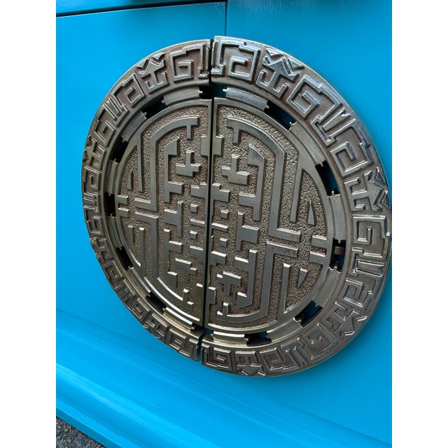 1970’s Lacquered Blue Credenza With Gilded Details For Sale - Image 9 of 10