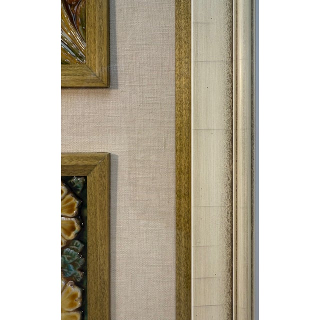 Set of Three Colorful Antique French Majolica Tiles Framed Together For Sale - Image 4 of 12