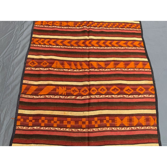 Traditional Vintage Distressed Flat Weave Kilim Runner Rug, Earthy Red Orange Geometric Stripes Rug For Sale - Image 3 of 10
