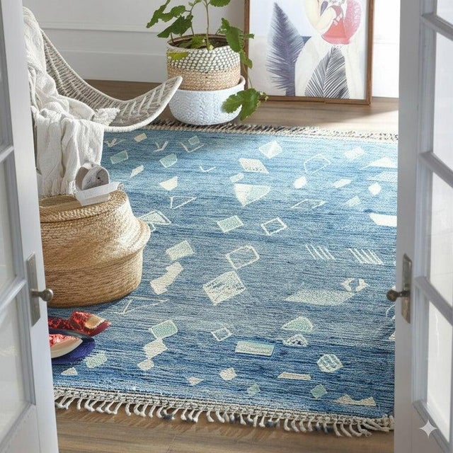 Textile 9x12 Blue Hand-Knotted Wool Floating Diamond Motifs Tribal Modern Carpet Rug For Sale - Image 7 of 7