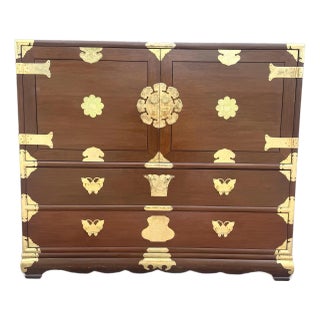 Vintage Chinese Wooden Highboy Armoire With Gold Accents For Sale