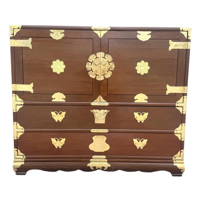 Vintage Chinese Wooden Highboy Armoire With Gold Accents For Sale