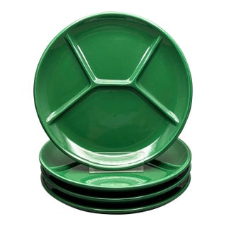 Vintage Italian Emerald Green Ceramic Divided Fondue Grill Plates Set of Four For Sale