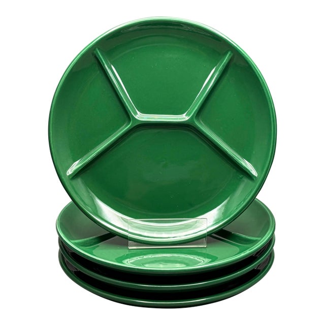 Vintage Italian Emerald Green Ceramic Divided Fondue Grill Plates Set of Four For Sale