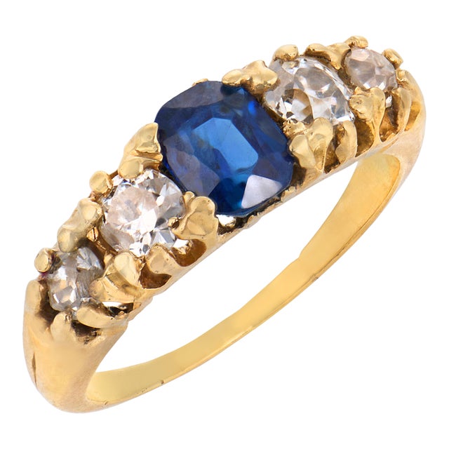 1900-1909 Victorian Sapphire Diamond 18k Yellow Gold Ring, Size 12.5 For Sale