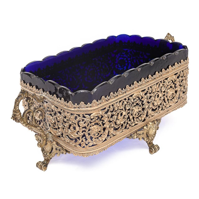 Antique ring holder that can be used as a trinket tray or centerpiece. Stained and scalloped glass paste. Brass and...